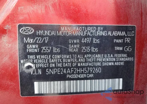 2017 Hyundai Sonata Se из США, поврежденный, VIN 5NPE24AF2HH579260